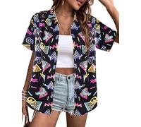 Arssm 80s 90s Shirts for Women Retro Vintage Party Disco Outfits Neon Hawaiian Button Down Blouses Tees Tops, Black, XL