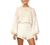 Arssm Casual Striped 2 Piece Knitted Outfits for Women Crewneck Wide Leg Knit Pullover Tops Drawstring Sweater Shorts Set, Apricot, XL