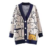 Arssm Cat Sweater for Women Oversized Button Down V Neck Cable Knit Sweater Cute Kawaii Cartoon Cardigan Coat, Navy, L