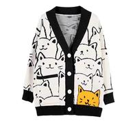 Arssm Cat Sweater for Women Oversized Button Down V Neck Knit Cardigan Cute Kawaii Cartoon Print Sweater Fall Clothes, Black, XL