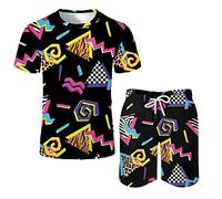 Arssm Men's 2 Pieces 80s 90s Outfit Vintage Shirts and Shorts Set Beach Suit Quick Dry Tracksuits for Retro Summer Party, Black, S
