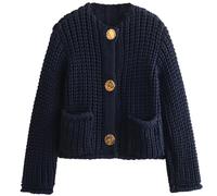 Arssm Womens Cropped Cardigan Sweaters Chunky Open Front Button Down Knit Sweater Long Sleeve Loose Cardigan Outerwear, Navy, XS