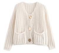 Arssm Womens Cropped Cardigan Sweaters Chunky Open Front Button Down Knit Sweater Long Sleeve Loose Cardigan Outerwear, Beige, Small
