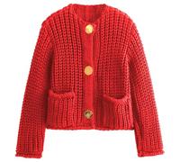 Arssm Womens Cropped Cardigan Sweaters Chunky Open Front Button Down Knit Sweater Long Sleeve Loose Cardigan Outerwear, Red, M