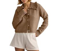 Arssm Womens Ruffle Collar Cardigan Cropped Button Down Open Front Sweaters Knitted Long Sleeve Fall 2024 Elegant Outwear, Brown, M