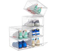 ARSTPEOE Shoe Storage Box, 6 Clear Plastic Stackable Shoe Organiser - Foldable Sneaker Display Case with Magnetic Door (White)