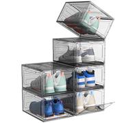 ARSTPEOE Shoe Storage Box, 6 pcs Shoe Storage Plastic Stackable, Clear Shoe Box, Foldable Shoe Storage Organiser. Sneaker Display Case, Shoe Box with Magnetic Door（Black