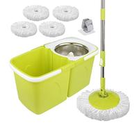 ARSUK Spin Mop & Bucket Set- 4 Extra Microfiber Replacement Heads- Space-Saving Folding Bucket with 2 Compartments, 360° Rotating Stainless Steel Handle & Self-Wringing System - Includes Mop Holder