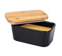 Arswin Large Butter Dish with Lid,650ml,Ceramic Porcelain Butter Keeper with Bamboo Cover for 2 Sticks of Butter West or East Coast Butter,Butter Storage Container for Countertop Refrigerator (Black)