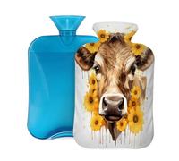 Art Animal Sunflower Cow Print Hot Water Bottle with Cover, 2L PVC Hot Water Bag with Soft Cover, Reusable Heating Pad for Pain Relief Warm Hands Waist Abdomen Feet & Bed