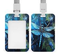 Art Blue Dragonfly ID Badge Holder Waterproof Card Protector Push-Pull Slot Work ID Card Holder with Lanyard Personalized Detachable Card Holders for Office Corporate Use