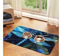 Art Blue Dragonfly Pet Feeding Mat Absorbent Pu Leather Dog Cat Food Mats Contain Spills Protects Floors, Anti-Slip Rubber Backing Dog Bowl Mats Easy Clean Pet Placemats 30x45cm
