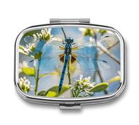 Art Blue Dragonfly Pill Box 2 Compartment Square Metal Pill Organizer Portable Mini Travel Medicine Case with Mirror Cute Medicine Container Holder for Pocket Purse