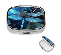 Art Blue Dragonfly Pill Case with Mirror Retro 2 Compartment Pill Box Small Pill Organizer for Purse or Pocket Decorative Metal Medicine Vitamin Organizer Unique Gifts