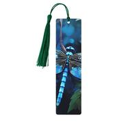 Art Blue Dragonfly Wooden Bookmarks 5pcs with Dark Green Tassels Handmade Double-Sided Printed Book Marks Page Markers Book Accessories Gift for Book Lovers Women Men