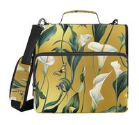 Art Calla Lily Gold Flower 1.5 Inch 3 Rings Binder Zipper with Shoulder Strap & Handle Multiple Pockets Portable Home Travel Safe Storage Bag for Office School
