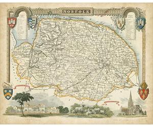 ART-CANVAS-stretched-on-WOODEN -BARS Map of Norfolk Unknown - Vintage horizontal image Maps Map Britain British England English Counties Fine art print 20_X_26_in
