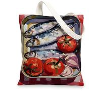 Art Canvas Tote Bags, Colorful Fish and Veggie Design Reusable Grocery Bags, Vintage Lightweight Washable Shoulder Strap Canvas for Shopping 13x15 Inch