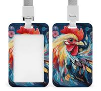 Art Colorful Chicken Badge Holder with Lanyard - Waterproof Hard Plastic ID Card Holder Professional Name Tag Vertical ID Card Name Badge for Office Nurse Doctor Teacher