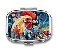 Art Colorful Chicken Pill Box 2 Compartment - Small Metal Medicine Organizer Portable Pill Case for Purse Pocket Travel Vitamin Organizer for Men Women, BPA-Free