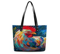 Art Colorful Chicken Tote Bag Large Soft Leather Purse with Zipper Lightweight Ladies Shoulder Handbag