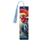 Art Colorful Chicken Wooden Bookmarks 5pcs with Sky Blue Tassels Handmade Double-Sided Printed Book Marks Page Markers Book Accessories Gift for Book Lovers Women Men