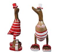 ART-CRAFT 2 x Wooden Duck Running Duck Garden Decoration Figure Made of Bamboo Root and Teak Wood Red Bikini Pair Hand-Painted 25 cm High