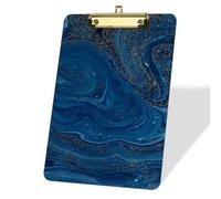 Art Dark Blue Liquid Marbling Texture Clip Board, Acrylic 9 x 12.5 in Decorative A4 Clipboard with Retractable Hanging Tab, Clipboard for School Teacher Women Social Boss Lady - Gold Clip