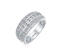 Art Deco AAA Cubic Zirconia Half Eternity Channel Set Princess Cut CZ Dome 3 Row Wide Statement Wedding Band Ring For Women .925 Sterling Silver Comfort Fit 8MM