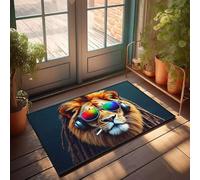 Art Deco Bathmat Cushioned Kitchen Anti-slip Backing | A Lion With Dreadlocks, Sunglasses, And Headphones. Chenille Bath/Thin Door Mats For Inside Entry(65X90CM)