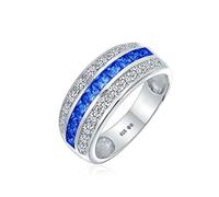 Art Deco Blue Simulated Sapphire AAA Cubic Zirconia Half Eternity Channel Set Princess Cut CZ Dome 3 Row Wide Statement Wedding Band Ring For Women .925 Sterling Silver Comfort Fit 8MM