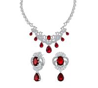 Art Deco Bridal Ruby Red CZ Baguette Teardrop Statement Collar Necklace & Matching Teardrop Dangle Earrings Jewelry Set for Women, Wedding, Prom Silver Plated