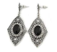 Art Deco Clear/Black Crystal Drop Earrings In Silver Tone Metal - 65mm L