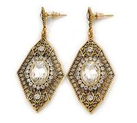 Art Deco Clear Crystal Drop Earrings/Gold Tone Metal/ 65mm L