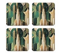Art Deco Coasters Gift Set, 4 x Green Gold Art 9cm Glossy Wood Coffee Drinks Mats