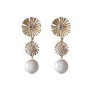 Art Deco Drop Earrings with Baroque Natural Pearl and Crystal Flower Studs, Gold Tone, 5cm Long