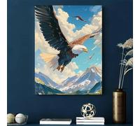 Art Deco Eagle Canvas Print Wall Art - Vibrant Majestic Eagle In Flight With Snow-Capped Mountains & Blue Sky 50x70cm No Frame