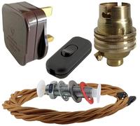 Art Deco Emporium Lamp Repair and Service Kit | Brown Plug | Antique Gold Flex | Black Switch | B22 Brass Lamp Holder