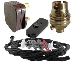 Art Deco Emporium Lamp Repair and Service Kit | Brown Plug | Black Flex | Black Switch | B22 Brass Lamp Holder