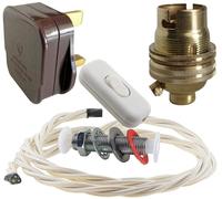 Art Deco Emporium Lamp Repair and Service Kit | Brown Plug | Ivory Flex | White Switch | B22 Brass Lamp Holder