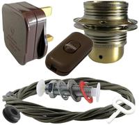 Art Deco Emporium Lamp Repair and Service Kit|Brown Plug|Khaki Green Flex|Brown Switch|E27 Antique Brass Finish Lamp Holder Holder
