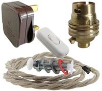 Art Deco Emporium Lamp Repair and Service Kit | Brown Plug | Linen Flex | White Switch | B22 Brass Lamp Holder