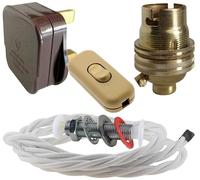 Art Deco Emporium Lamp Repair and Service Kit | Brown Plug | White Flex | Gold Switch | B22 Brass Lamp Holder