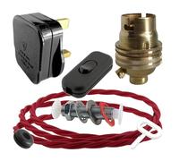 Art Deco Emporium Lamp Repair and Servicing Kit|Black Plug|Bright Red Flex|Black Switch|B22 Chrome Finish Lamp Holder