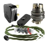 Art Deco Emporium Lamp Repair and Servicing Kit|Black Plug|Green Flex|Black Switch|B22 Antique Brass Lamp Holder