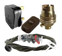 Art Deco Emporium Lamp Repair and Servicing Kit|Black Plug|Khaki Green Flex|Brown Switch|B22 Chrome Finish Lamp Holder