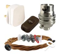 Art Deco Emporium Lamp Repair and Servicing Kit|White Plug|Antique Gold Flex|Brown Switch|B22 Chrome Finish Lamp Holder