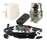 Art Deco Emporium Lamp Repair and Servicing Kit|White Plug|Black Flex|Black Switch|B22 Chrome Finish Lamp Holder
