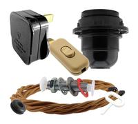 Art Deco Emporium Lamp Repair Kit|Black Plug|Antique Gold Flex|Gold Switch|E27 Black Bakelite Lamp Holder