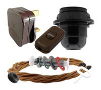 Art Deco Emporium Lamp Repair or Service Kit|Brown Plug|Antique Gold Flex|Brown Switch|E27 Black Bakelite Lamp Holder